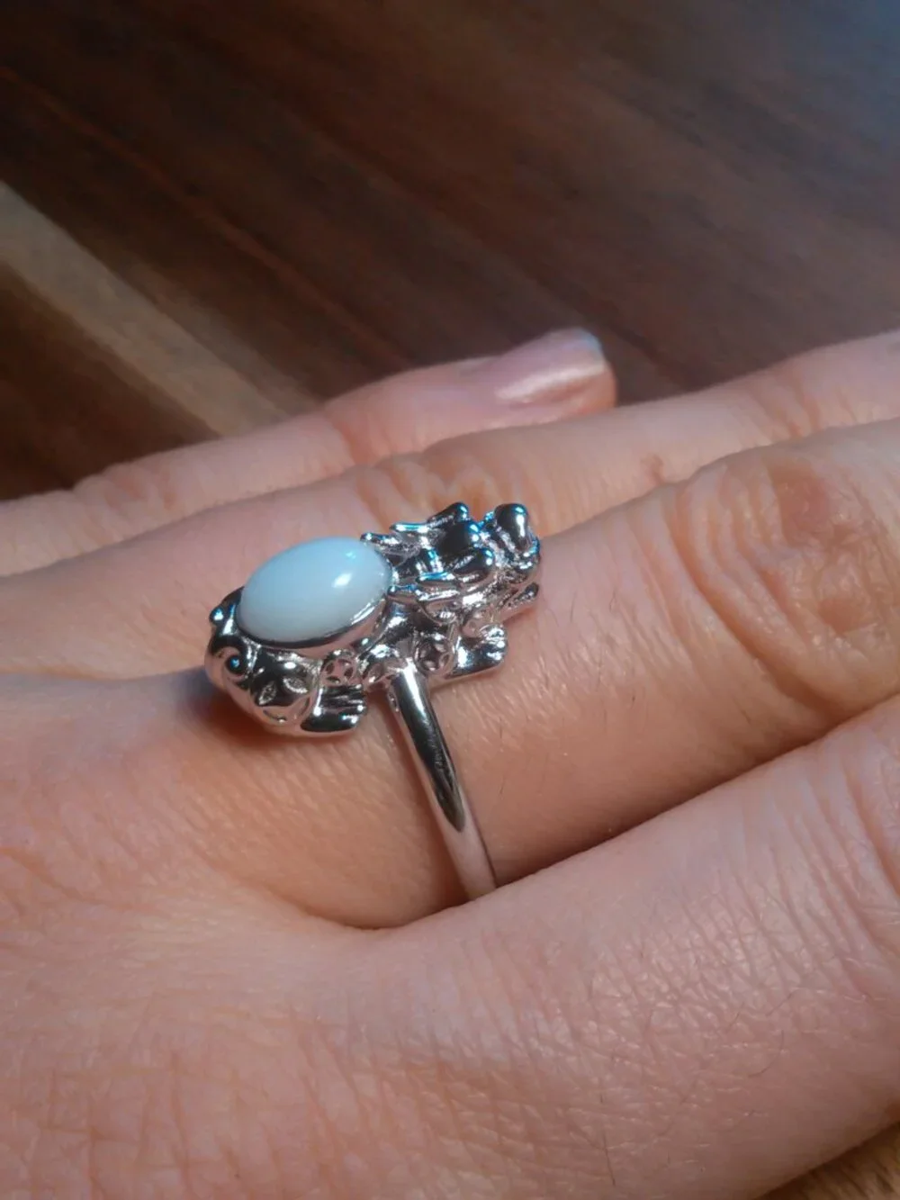 Natural White Jade Sterling Silver Dragon Ring (Size 10)